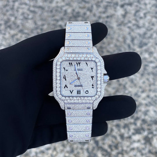 Cartier Santos XL Arabic dial Full iced 41mm automatic, lab grown diamond
Full set