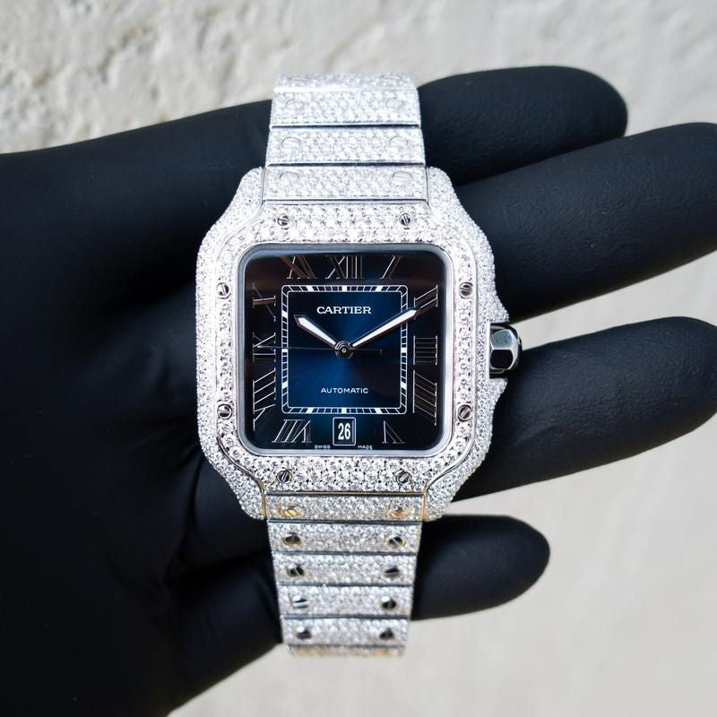 Cartier Santos XL Blue dial Full iced 41mm automatic, lab grown diamond
Full set