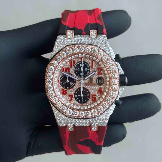 Audemars piguet royal oak offshore two tone semi iced with rubber strap 41mm automatic. Lab Grown diamond
Full set