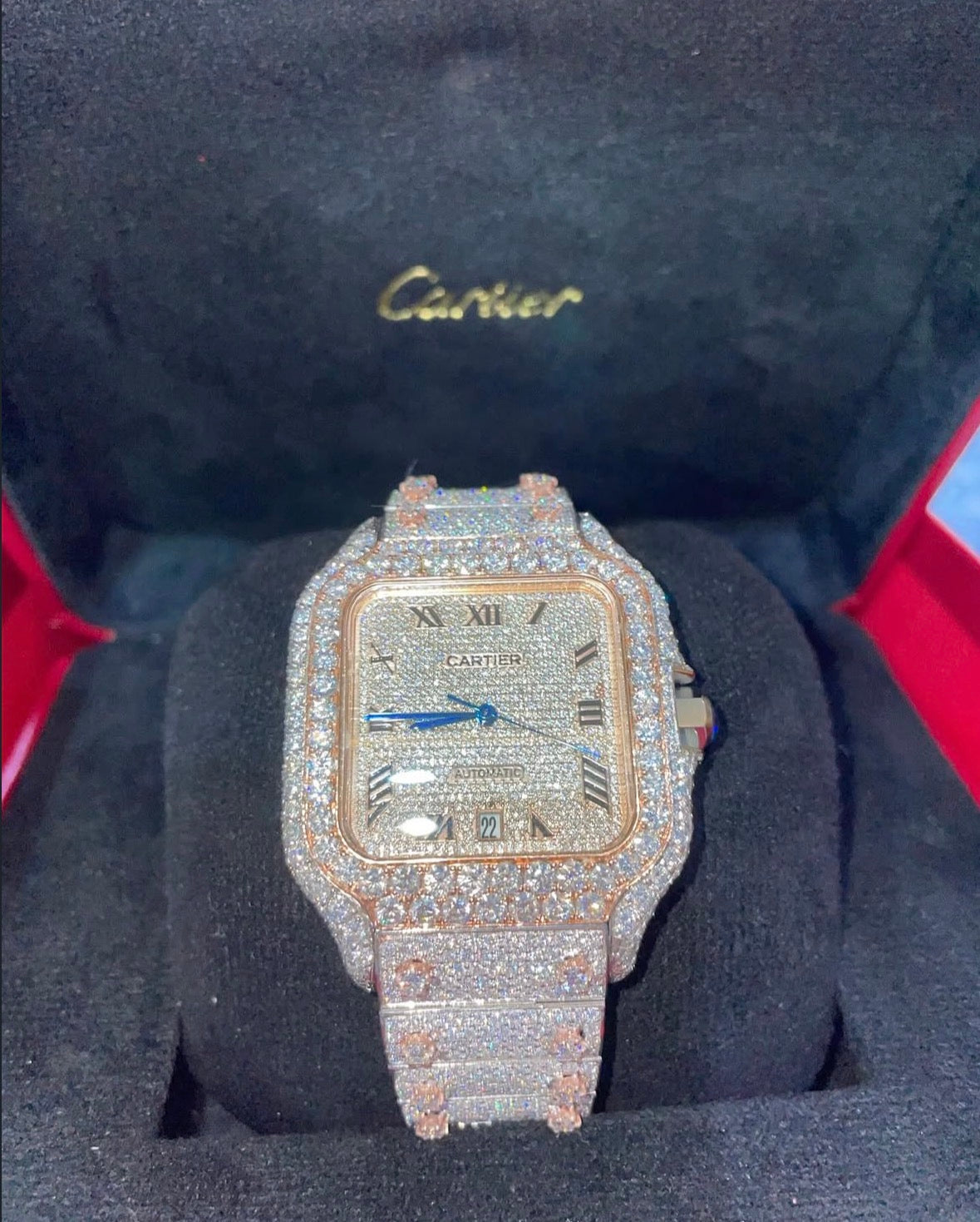 Cartier Santos XL Two tone Full iced 41mm automatic, custom strap, lab grown diamond 
Full set