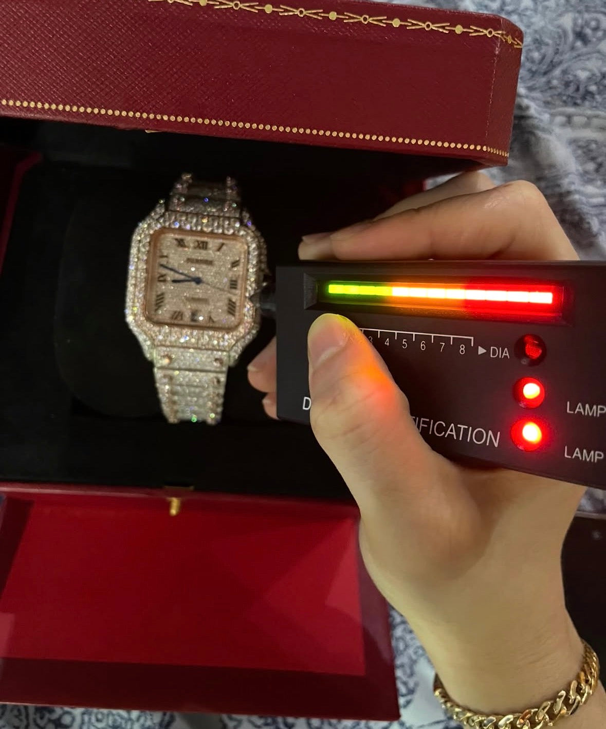 Cartier Santos XL Two tone Full iced 41mm automatic, custom strap, lab grown diamond 
Full set