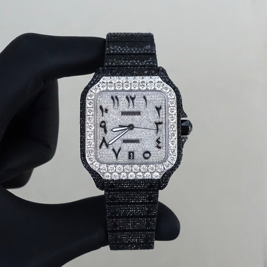 Cartier Santos XL Two tone, black, Arabic dial Full iced 41mm automatic, lab grown diamond 
Full set