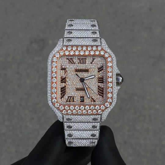 Cartier Santos XL Two tone Full iced 41mm automatic, lab grown diamond 
Full set