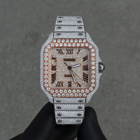 Cartier Santos XL Two tone Full iced 41mm automatic, lab grown diamond 
Full set