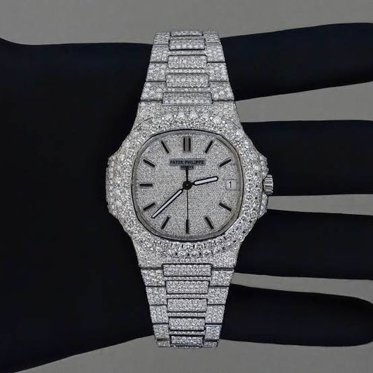 Patek Philippe nautilus full iced, big diamond 40mm automatic. Lab grown diamond 
Full set