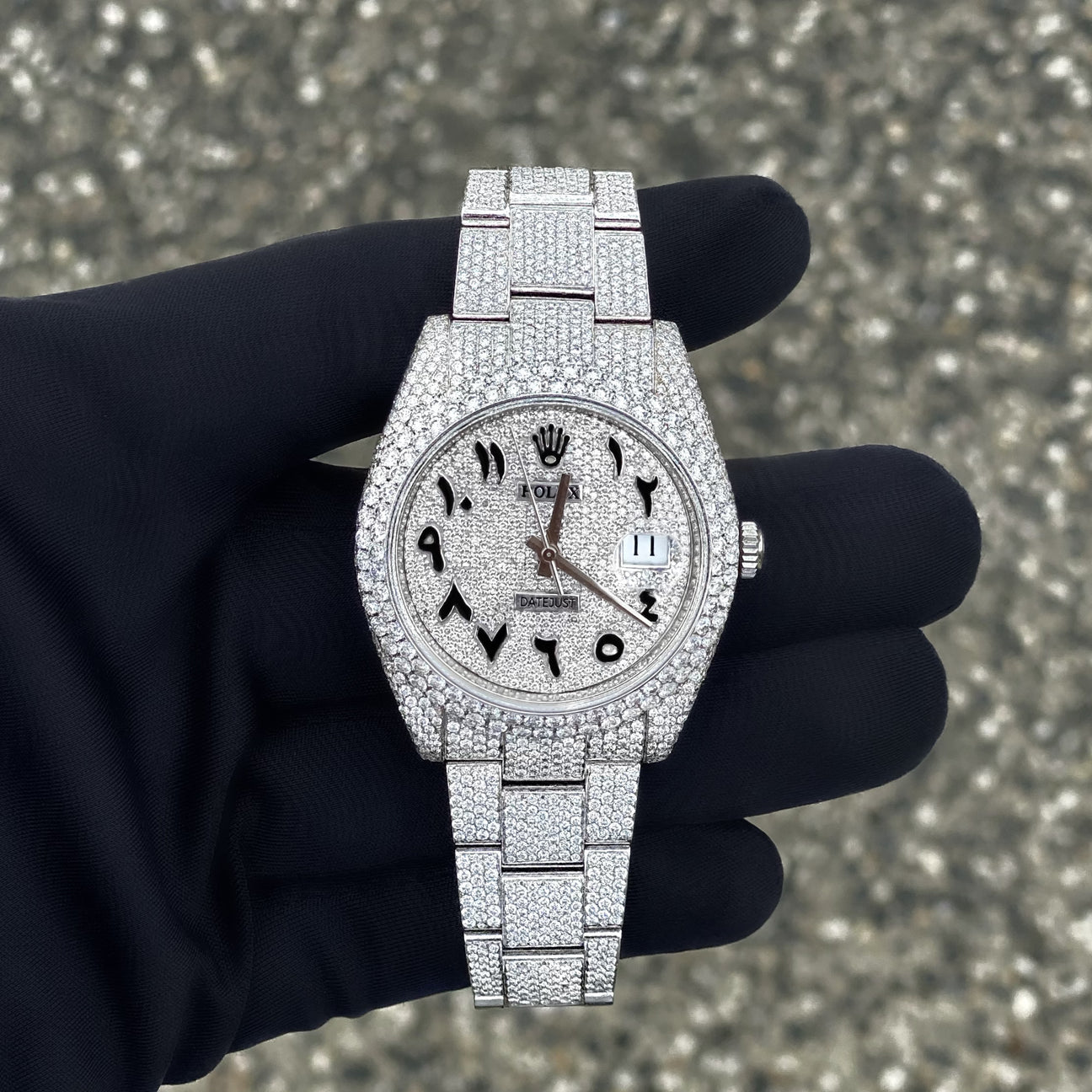Rolex Datejust Full iced Arabic dial, 41mm automatic. Lab grown diamond 
Full set