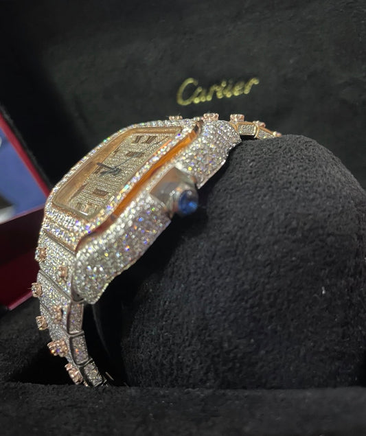 Cartier Santos XL Two tone Full iced 41mm automatic, custom strap, lab grown diamond 
Full set