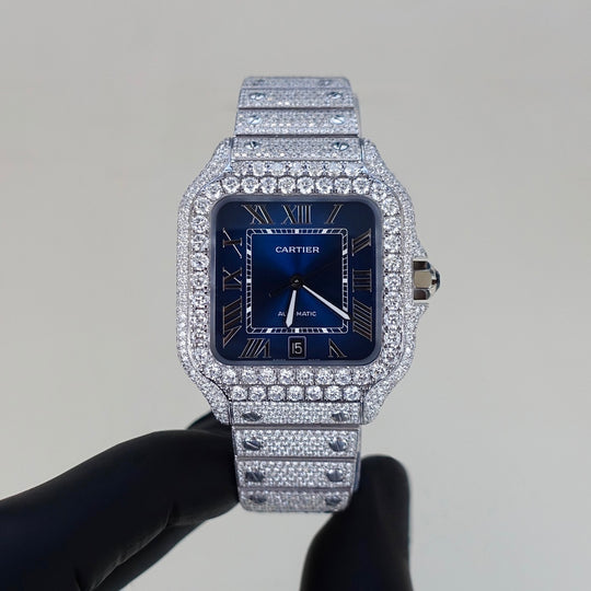 Cartier Santos XL Blue dial Full iced 41mm automatic, lab grown diamond 
Full set