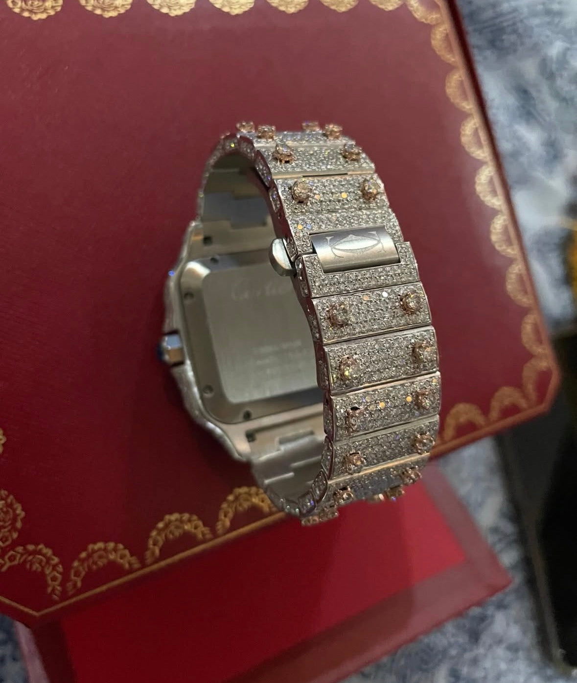 Cartier Santos XL Two tone Full iced 41mm automatic, custom strap, lab grown diamond 
Full set