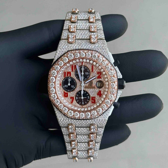 Audemars Piguet Royal oak offshore two tone full iced with custom strap 41mm automatic. Lab Grown diamond 
Full set