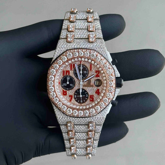 Audemars Piguet Royal oak offshore two tone full iced with custom strap 41mm automatic. Lab Grown diamond 
Full set